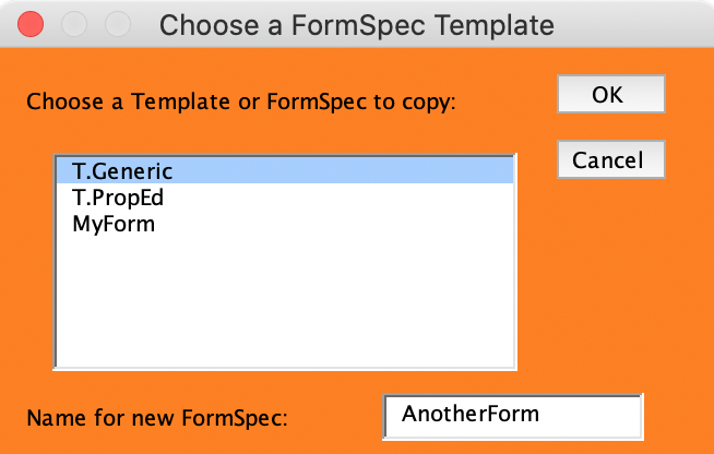 MDUF's dialog titled "Choose a FormSpec Template"