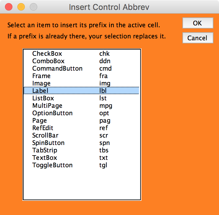 The mDialogBox titled "Insert Control Abbrev"