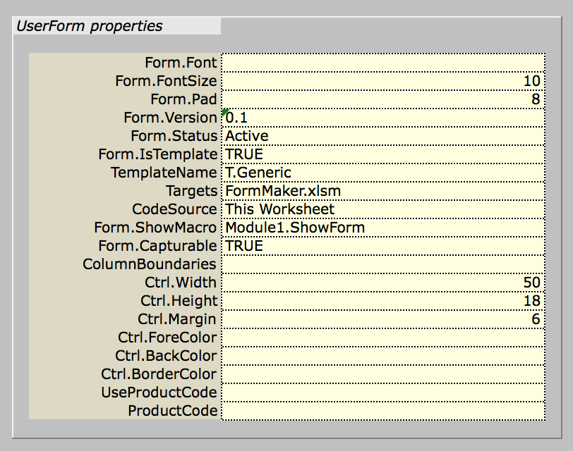 The "UserForm properties" block of the FormSpec worksheet