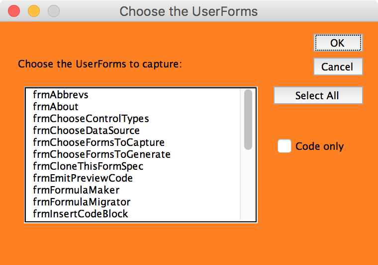 The mDialogBox titled "Choose the UserForms"