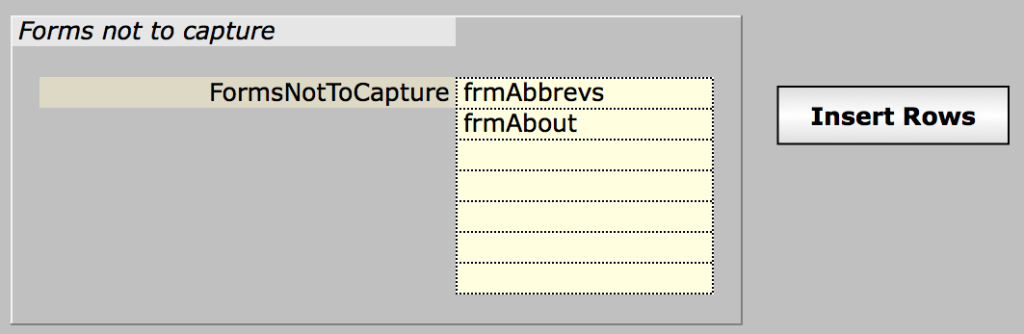 The "Forms not to capture" section of the Project worksheet of a Project workbook