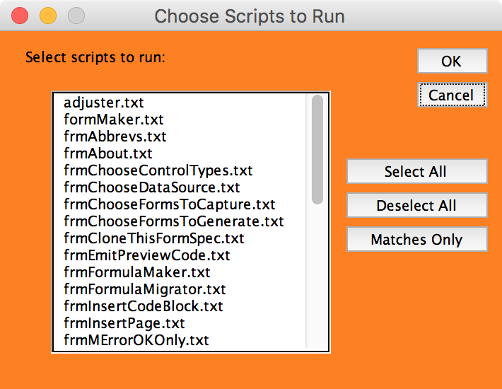 The mDialogBox titled "Choose Scripts to Run"